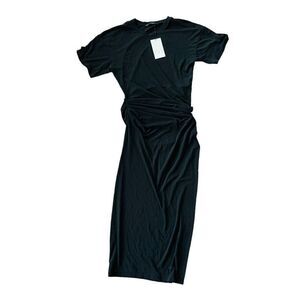 Zara Women Midi Dress S Black Bodycon Pleated Side Slit Short Sleeve NWT